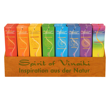 Display mit 8 Sorten Ayurveda-Chakra-Rucherstbchen